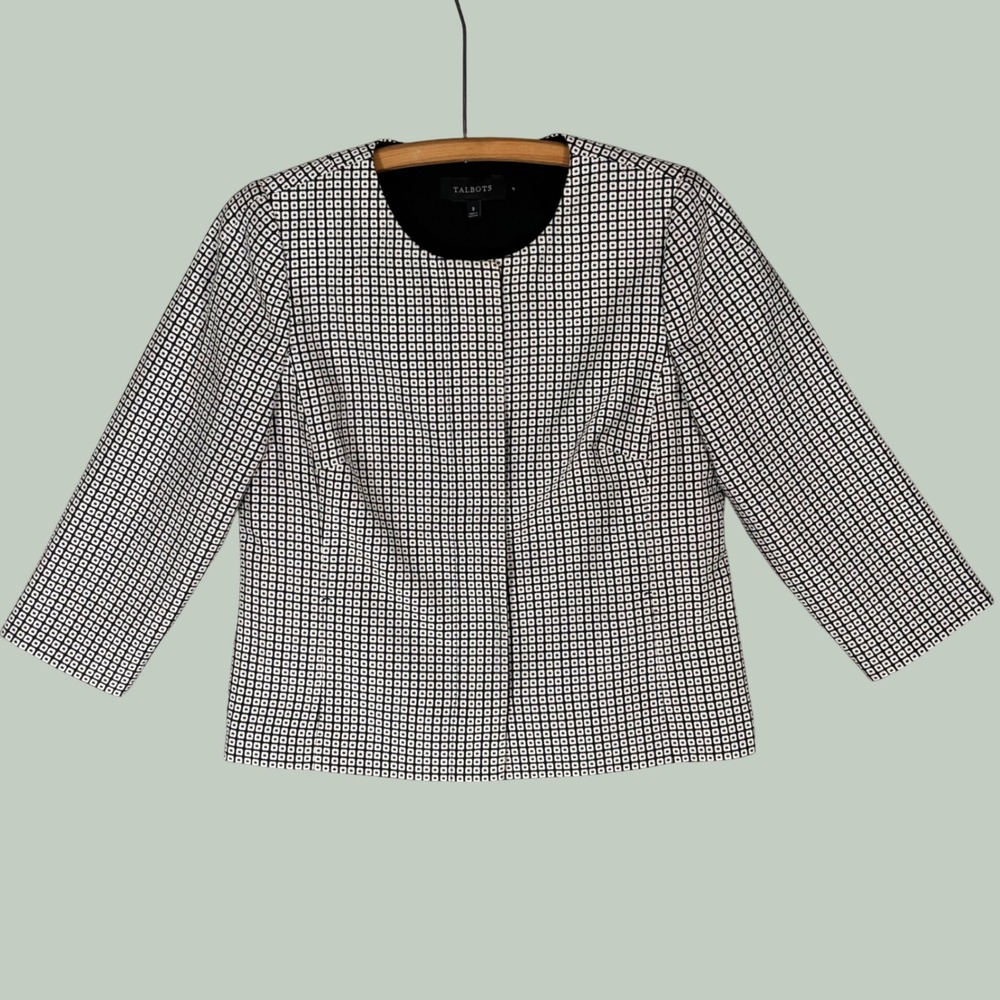 Talbots Womens 8‎ Black White Geometric Square Print Collarless Blazer Jacket